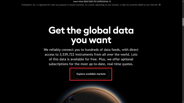 ۷. حالا برای اینکه وارد محیط تریدینگویو بشید و شروع کنید، کافیه صفحه رو کمی اسکرول کنید تا به بخش Explore Available Markets برسید. روی این گزینه کلیک کنید تا وارد بخش بازارها و نمادهای مختلف بشید.