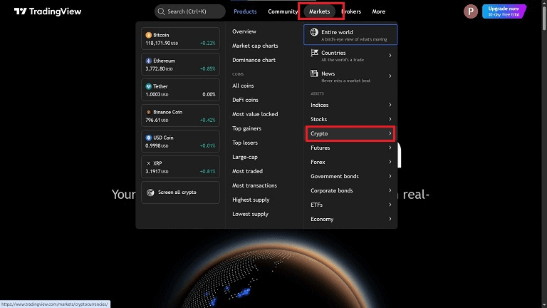 ۸. حالا از بالای صفحه وارد بخش Markets بشید و بازاری رو که میخواید تحلیل کنید انتخاب کنید. مثلاً اگر دنبال تحلیل قیمت ارزهای دیجیتال هستید، روی Crypto بزنید و بعد از بین بخشهای مختلف مثل DeFi، DEX و… گزینهٔ مورد نظرتون رو انتخاب کنید.
